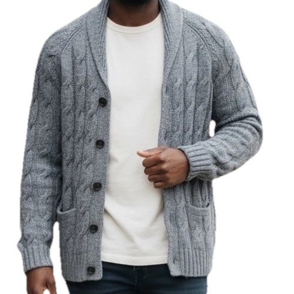 Turnbury Sweaters - Turnbury Merino Wool Cable Knit Sweater Gray Cardigan Mens L Wood Buttons Grampa